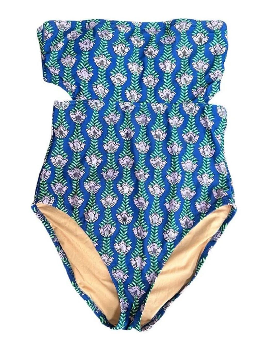 J.Crew L Blue Floral Strapless Cut Out One Piece Bathing Suit